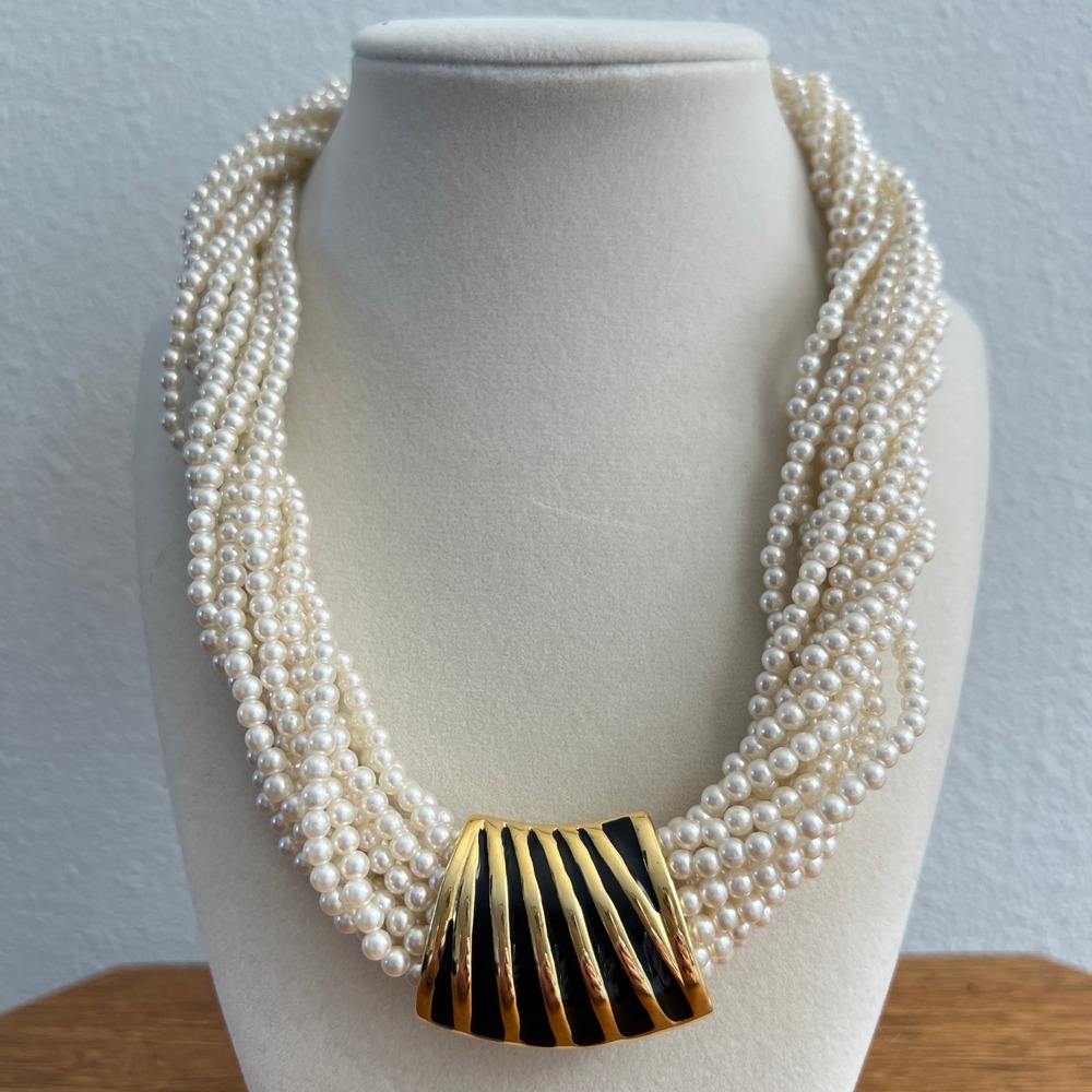 Multi Strand Faux Pearl Necklace Cream Gold Black Enamel Slide Statement Classic